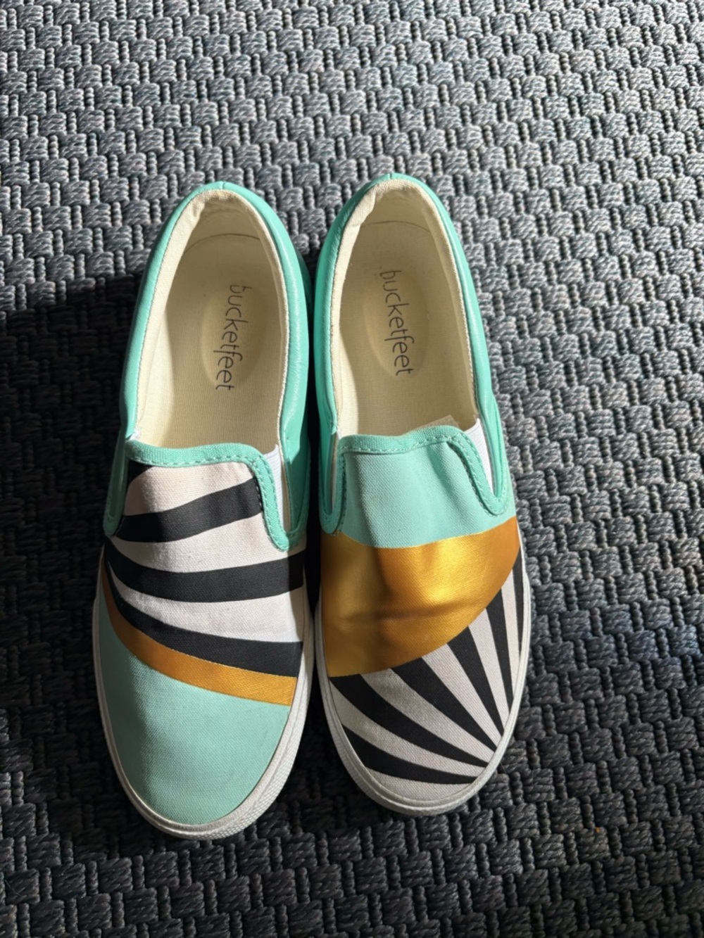 Bucket Feet Mint Green and Gold Graphic Canvas Slip-Ons